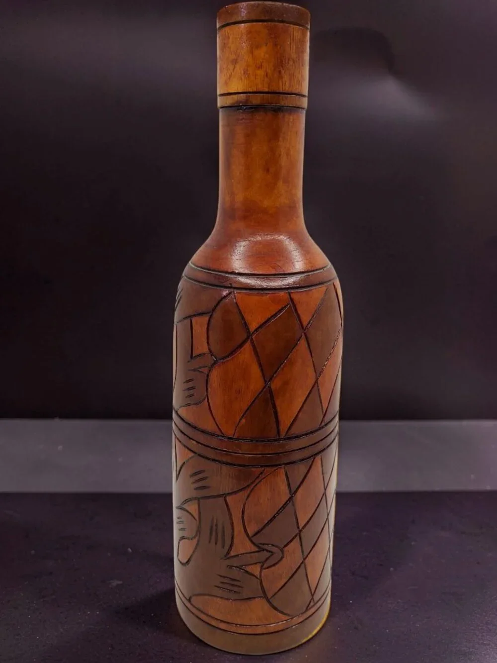 vintage mexico hand-carved 3 section wood wine bottle carrier case/carafe